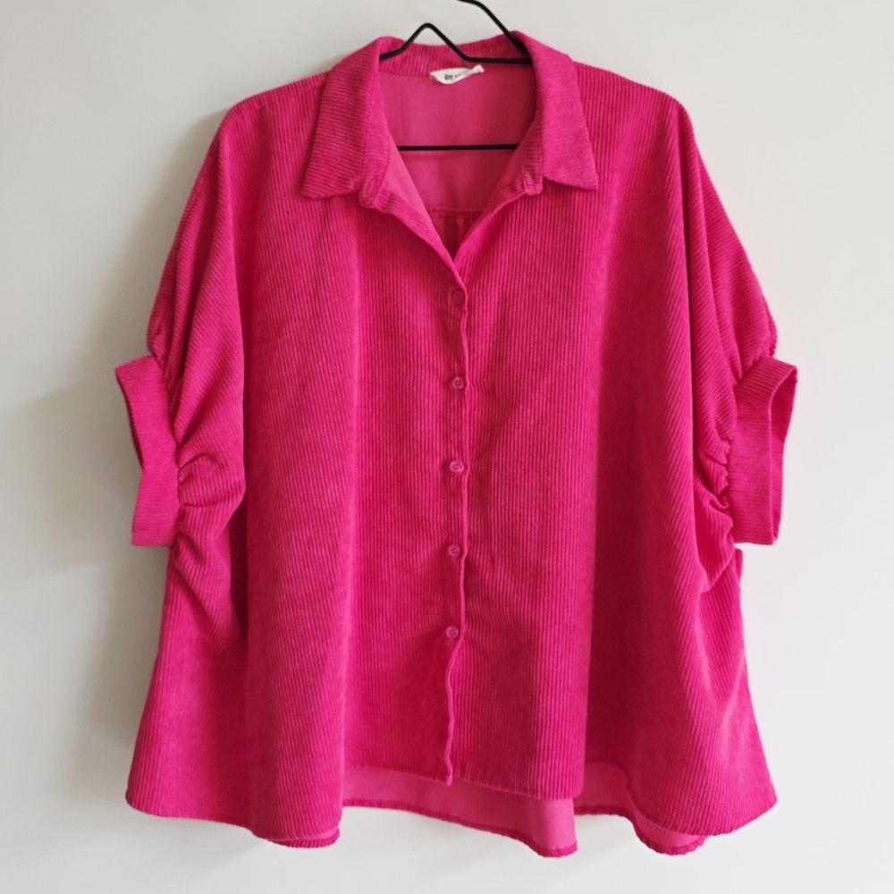Day + Moon Ribbed Knit Boxy Oversized Vibrant Pink Button-Up Shirt Women Size S